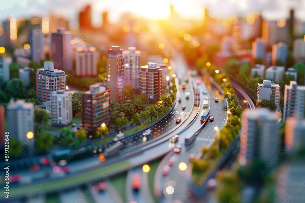 A vibrant miniature cityscape at sunset, showcasing high-rises, highways, and bustling traffic bathed in warm sunlight.