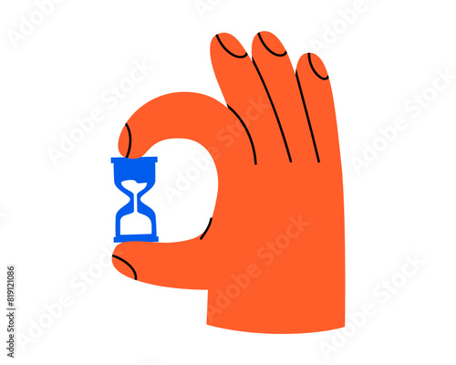 Hand drawn cute cartoon illustration hand with hourglass or sandglass. Watch counting time in arm. Flat vector timetable or schedule doodle. Planning or time management icon. Event deadline. Isolated.