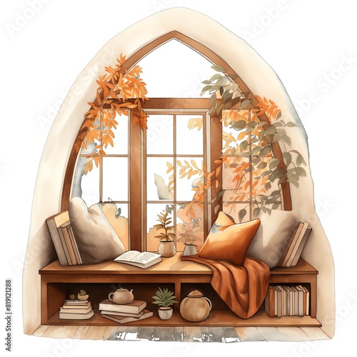 Cute watercolor cozy bookroom in autumn, living room fall, cozy scene in fall autumn, illustration photo