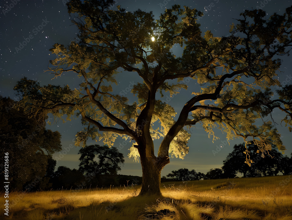 Majestic Tree Silhouette Illuminated by Warm Light Against Starry Night Sky in Serene Grassy Field with Intricate Shadows and Mystical Ambiance - Nature' Tranquil Beauty Captured in Starlit Majestic Tree Silhouette Illuminated by Warm Light Against Starry Night Sky in Serene Grassy Field with Intricate Shadows and Mystical Ambiance - Nature' Tranquil Beauty Captured in Starlit