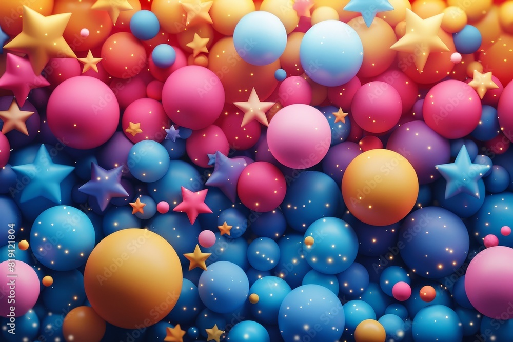 A vibrant composition of colorful spheres and stars creating a playful and dynamic atmosphere. A vibrant composition of colorful spheres and stars creating a playful and dynamic atmosphere.
