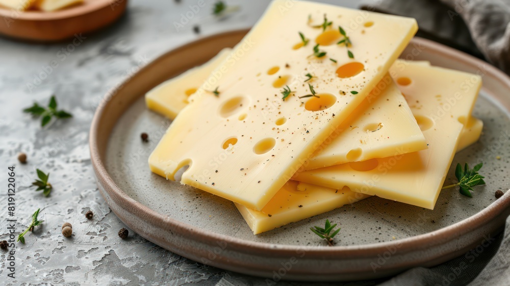 Several slices of cheese on a ceramic tray Several slices of cheese on a ceramic tray