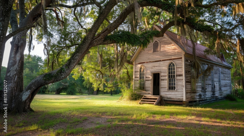 Old wooden house surrounded by large trees in grassy field Old wooden house surrounded by large trees in grassy field