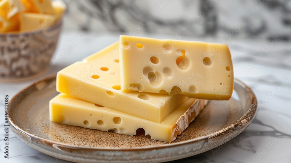 Several slices of cheese on a ceramic tray Several slices of cheese on a ceramic tray