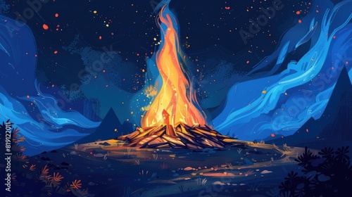  Illustration for holika dahan in a dark blue color with a large bonfire at night. photo