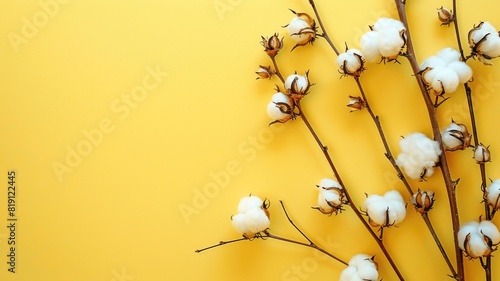 Cotton branches with fluffy white bolls on yellow background photo