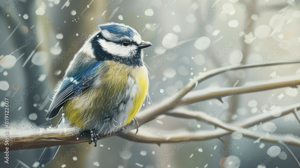 Fototapeta premium Illustration of a blue tit bird sitting on a tree branch in the snow