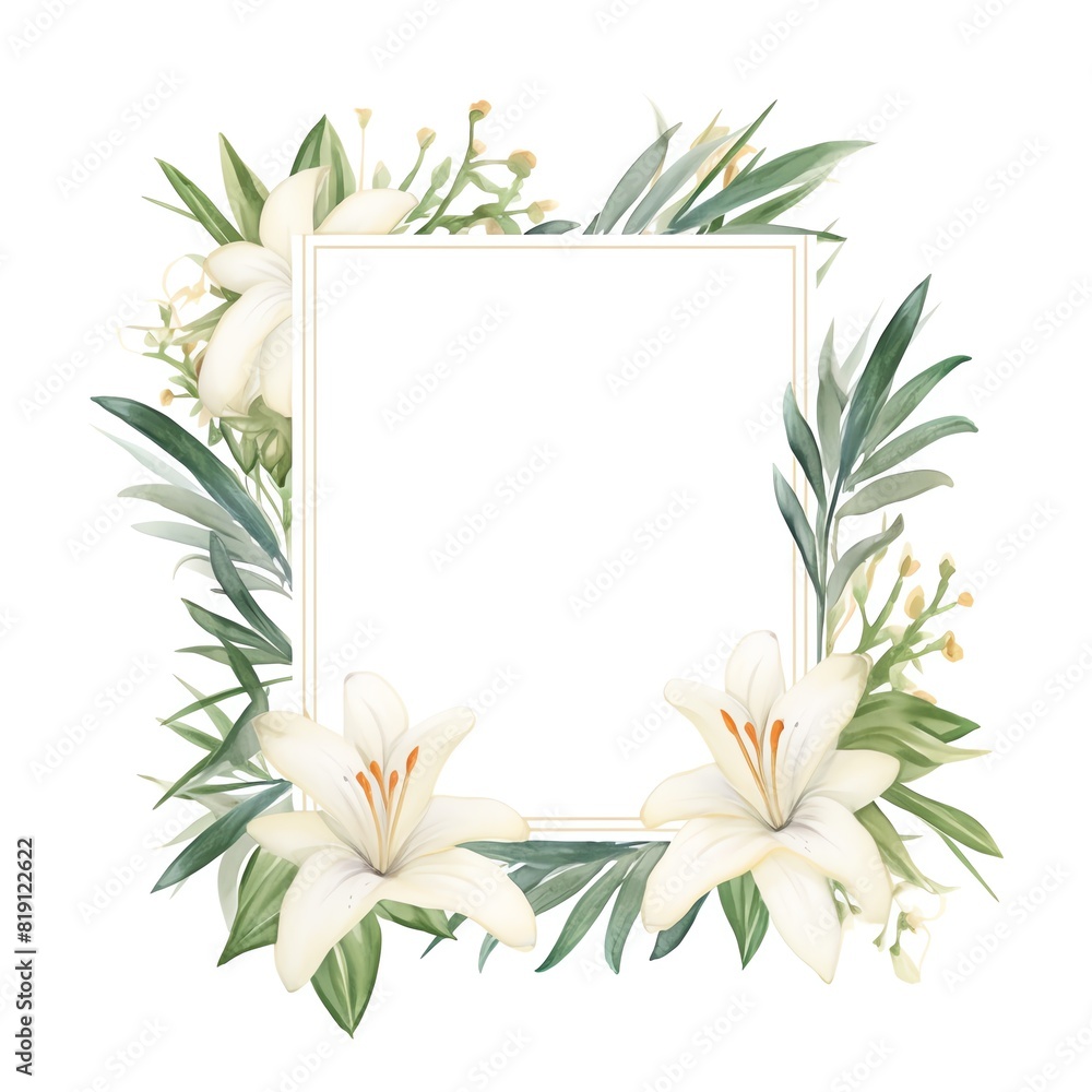 An elegant wedding frame with white lilies and eucalyptus leaves, watercolor style, blank center for copy space. -ar 3:2