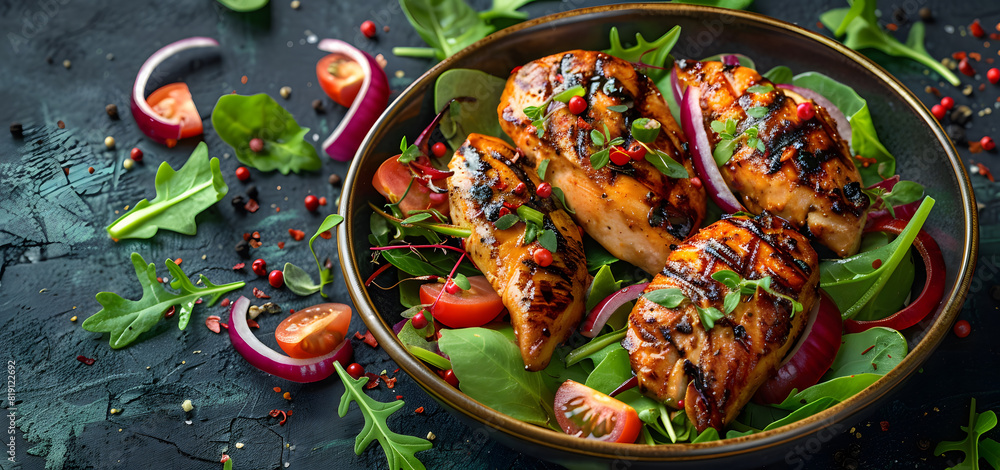 Lunch menu Grilled chicken broast with fillet and fresh vegetable salad Healthy food High quality photo Lunch menu Grilled chicken broast with fillet and fresh vegetable salad Healthy food High quality photo