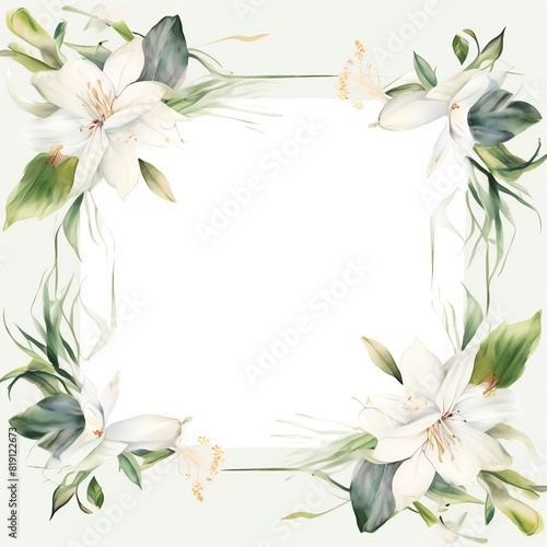 An elegant wedding frame with white lilies and eucalyptus leaves  watercolor style  blank center for copy space. -ar 3 2