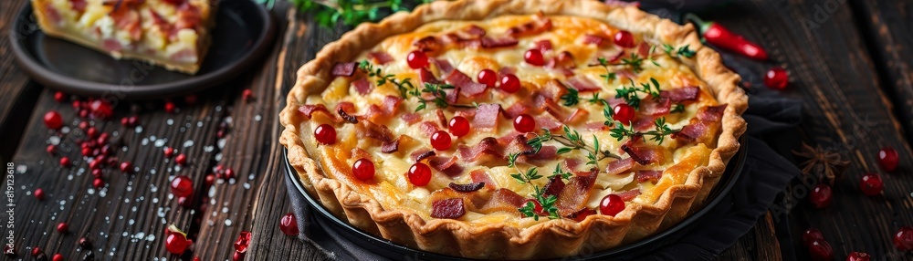 Quiche Lorraine, savory pastry with bacon and cheese, quaint French bakery Quiche Lorraine, savory pastry with bacon and cheese, quaint French bakery