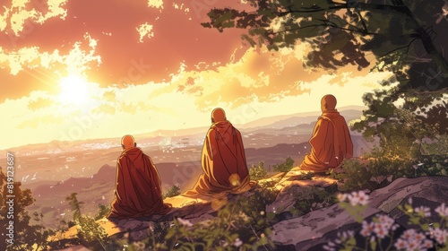 Illustration of ascetic monks basking in the morning sun photo