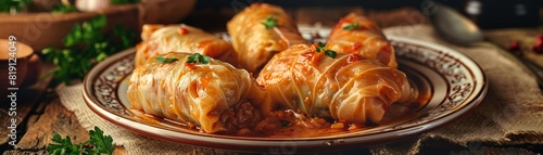 Romanian sarmale, cabbage rolls filled with spiced meat and rice, traditional ceramic plate, rustic wooden table with vintage eastern European feel