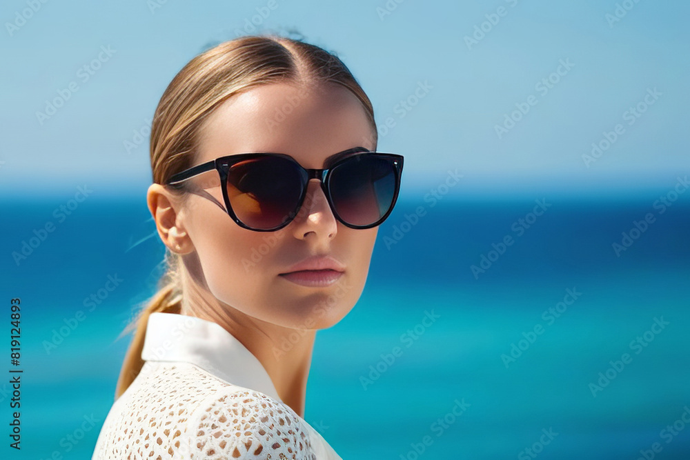 Woman with blonde hair wearing large sunglasses, standing on a beach with the ocean in the background. The sunny weather highlights her fashionable attire and relaxed demeanor Woman with blonde hair wearing large sunglasses, standing on a beach with the ocean in the background. The sunny weather highlights her fashionable attire and relaxed demeanor