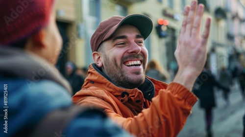 Joyful High-Five on the Street photo