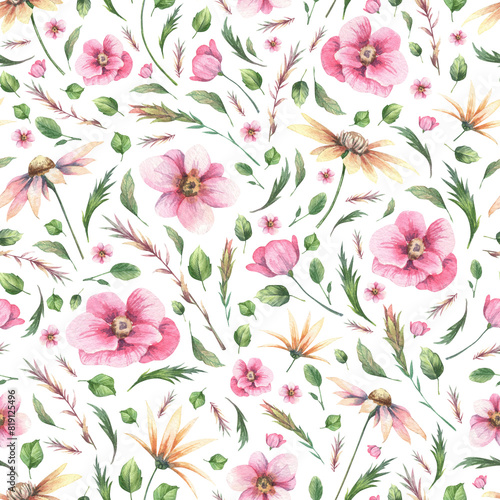 Wallpaper Mural Watercolor seamless wallpapers with cute pink blooming flowers, branches and leaves. Hand painted aquarelle floral seamless pattern. Wrapping paper and textile delicate design Torontodigital.ca