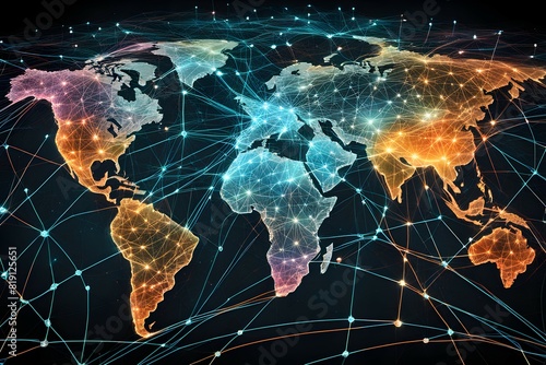Global network connectivity depicted as a stylized data map. Technology data background