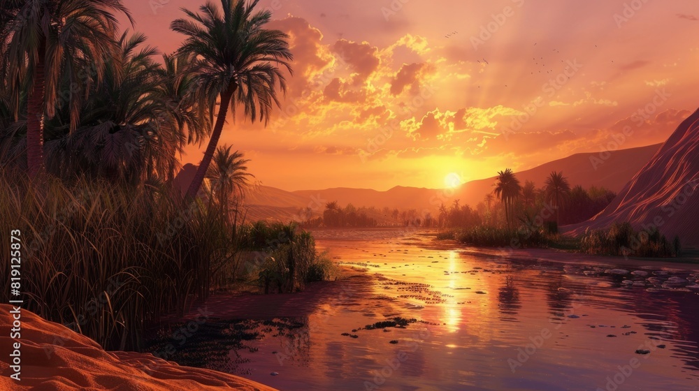 Image scenery of an oasis at dusk