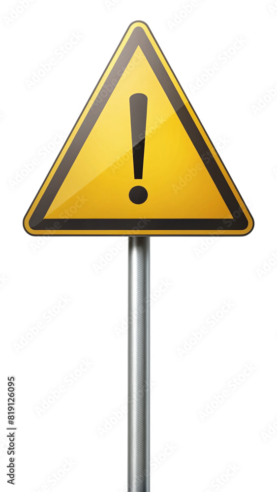 A yellow triangular warning sign with a black exclamation point in the center, mounted on a silver pole. A yellow triangular warning sign with a black exclamation point in the center, mounted on a silver pole.