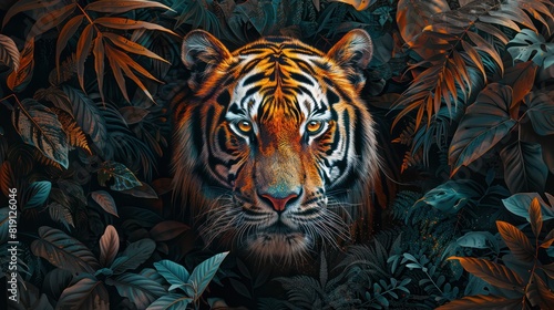 Colorful wild tigers appear among the tropical foliage.