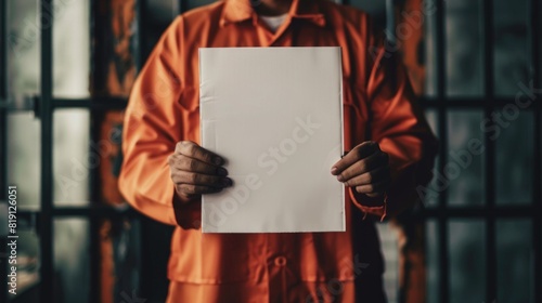 In a Police Station Arrested Man Getting Front-View Mug Shot. He's Wearing Prisoner Orange Jumpsuit and Holds Placard photo