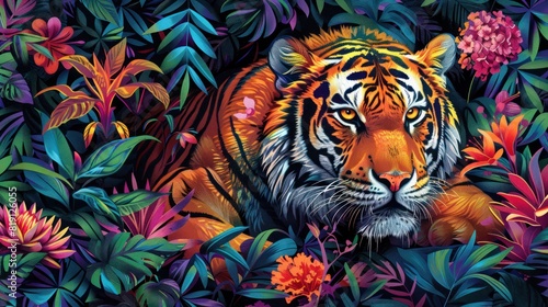 Colorful wild tigers appear among the tropical foliage.