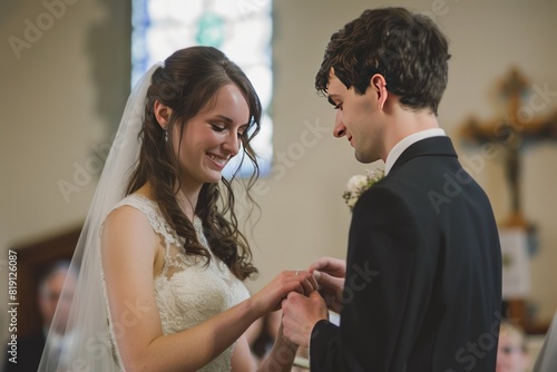 In a touching moment, the bride and groom exchange rings