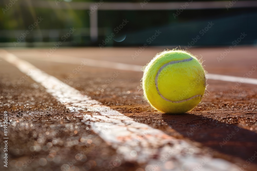 a tennis ball lies on the court ::1 background, with space for text ::1