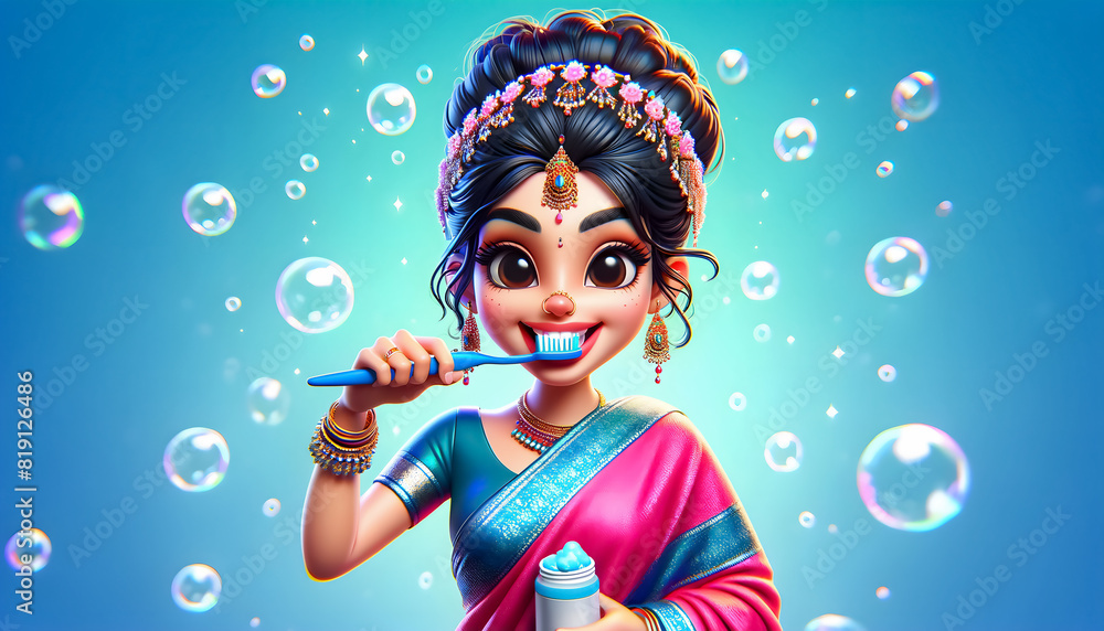 3d illustration indian woman in sari brushing teeth for morning