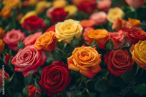 A bouquet of vibrantly colored roses in all shades of the rainbow  leaving a designated copyspace for your text.