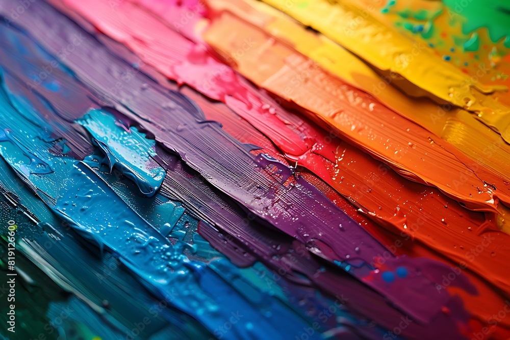 A close-up shot of colorful, textured paint strokes forming a rainbow flag with a designated copyspace for your message.