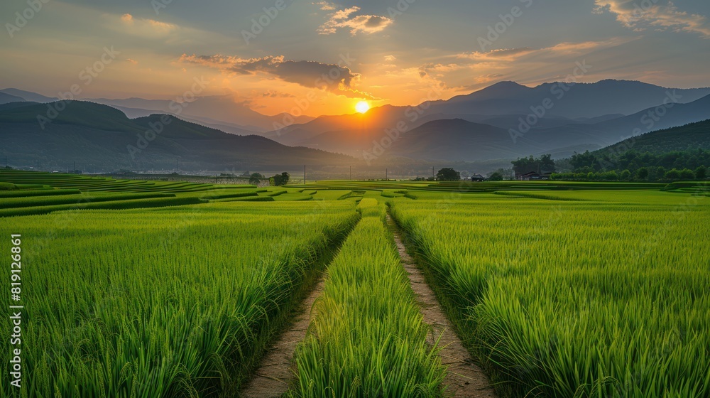 Fototapeta premium Green rice field, yellow sun