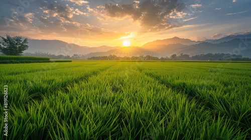 Green rice field  yellow sun