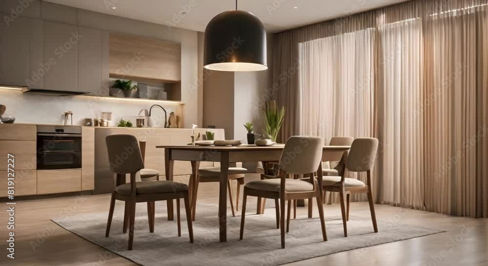 Minimalist Marvel: Modern Apartment Interior Design Showcasing a Dining Room, Living Room, and Beige Walls Minimalist Marvel: Modern Apartment Interior Design Showcasing a Dining Room, Living Room, and Beige Walls