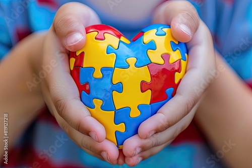 Giornata mondiale della consapevolezza dell'autismo, concetto di assistenza sanitaria mentale con puzzle o puzzle sul cuore con le mani del bambino photo