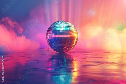 A disco ball reflecting a dazzling display of rainbow light  leaving a copyspace for your Pride message in the center.