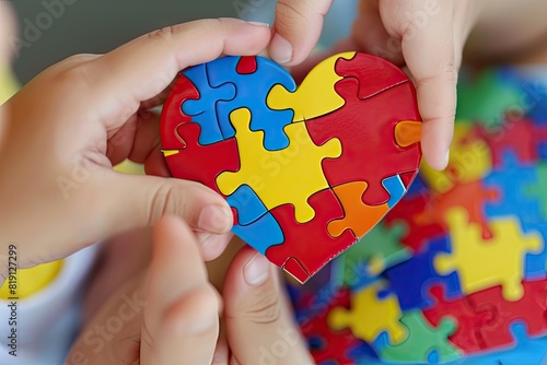 Giornata mondiale della consapevolezza dell'autismo, concetto di assistenza sanitaria mentale con puzzle o puzzle sul cuore con le mani del bambino photo