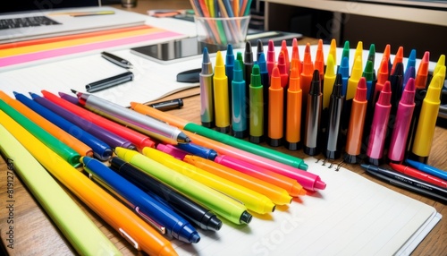 Vibrant assortment of pens and markers spread across a workspace, highlighting creativity and artistic tools in an educational setting.. AI Generation