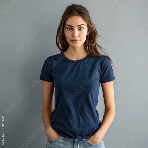 Indigo t-shirt with a round neckline, solid color, white background photo