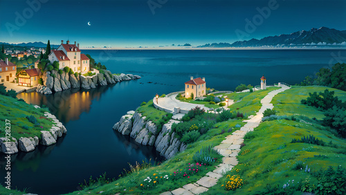 Wallpaper depicting a tiny coastal village with brilliant lights at dawn. photo