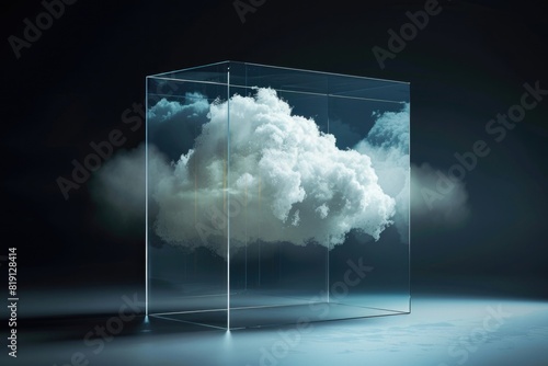  Innovative cloud management concept, abstract cloud within a transparent glass box, signifying modern server.