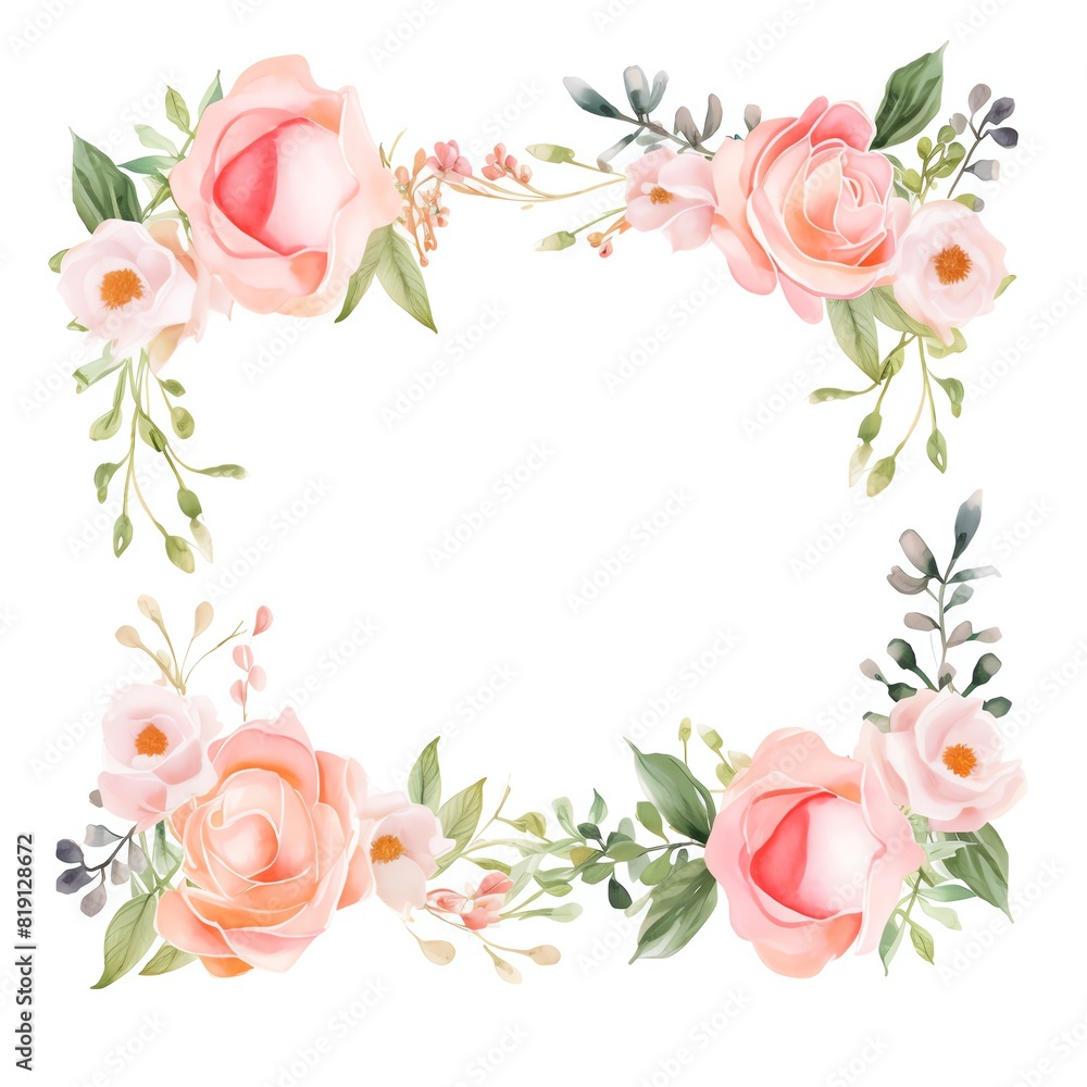 A garden wedding frame with roses and daisies, watercolor illustration, blank middle area. 