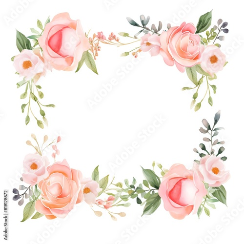 A garden wedding frame with roses and daisies  watercolor illustration  blank middle area. 