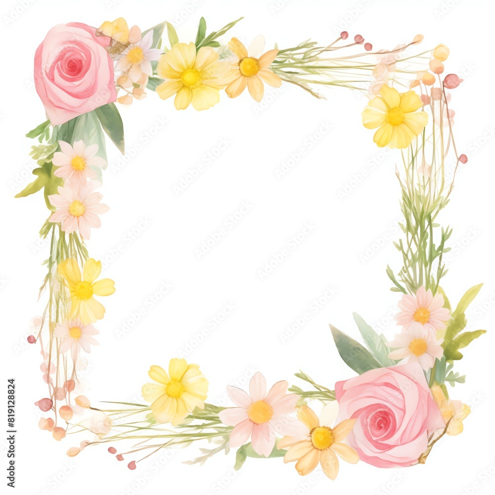 A garden wedding frame with roses and daisies, watercolor illustration, blank middle area. A garden wedding frame with roses and daisies, watercolor illustration, blank middle area.