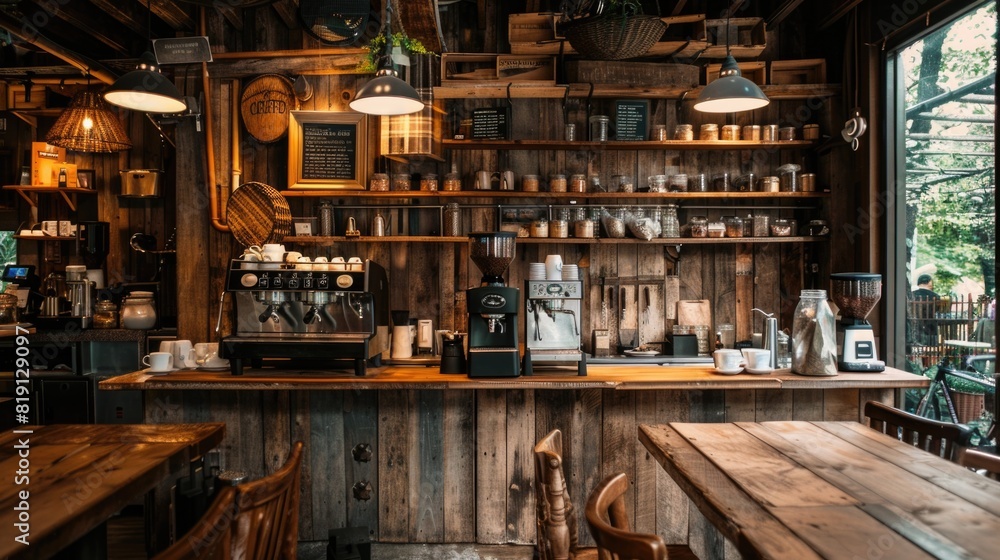 Interior design of cafe with wooden vintage style, decorated with warm and cozy tones, classic old wood round corner counter and coffee machinery