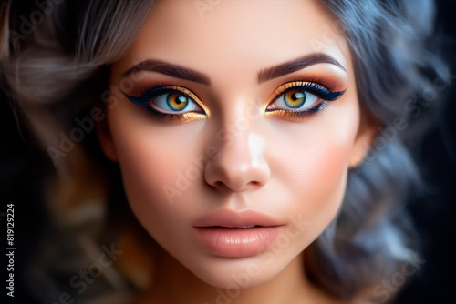 A portrait of a woman with striking makeup and bold  colorful eye shadow. The background is softly blurred  putting full focus on her expressive face and detailed makeup