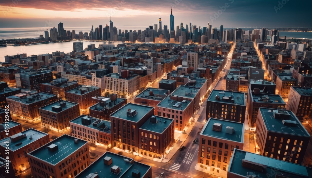 Fototapeta premium Aerial view of a sprawling city at sunset, with the glow of golden hour over dense buildings leading to a distant skyline.. AI Generation