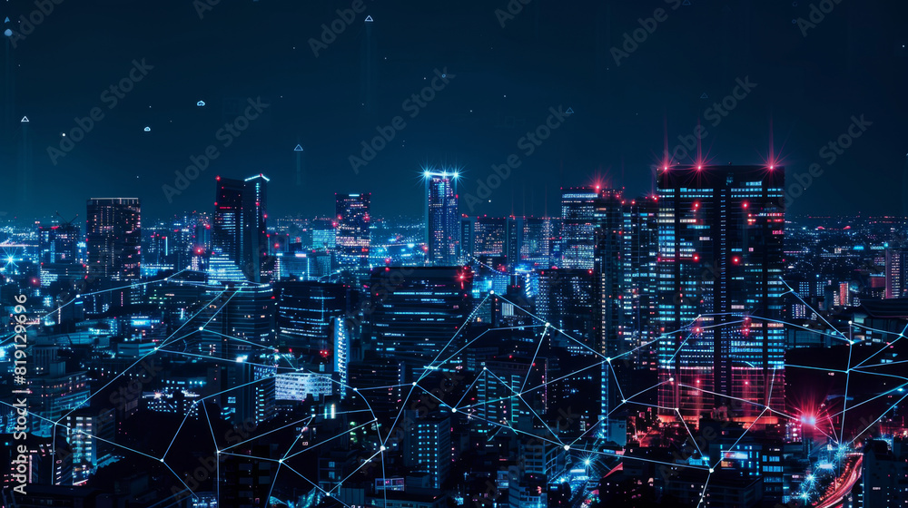A futuristic smart city at night, featuring a digital network with glowing blue and red lights illustrating advanced connectivity and technology. Futuristic Smart City Network with Digital Connectivi
