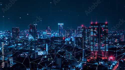 A futuristic smart city at night, featuring a digital network with glowing blue and red lights illustrating advanced connectivity and technology. Futuristic Smart City Network with Digital Connectivi 