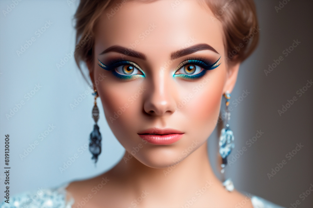 Fototapeta premium A portrait of a woman with striking makeup and bold, colorful eye shadow. The background is softly blurred, putting full focus on her expressive face and detailed makeup